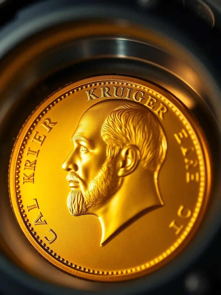 A close-up shot of a Gold Krugerrand Coin, highlighting its historical significance and the portrait of Paul Kruger, displayed in a secure vault setting at MIDASSKG.